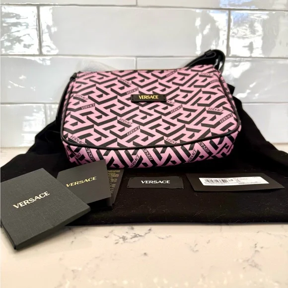 Versace La Greca Signature Shoulder Bag Pink Black Canvas Gold Metal Authentic - Picture 3 of 11